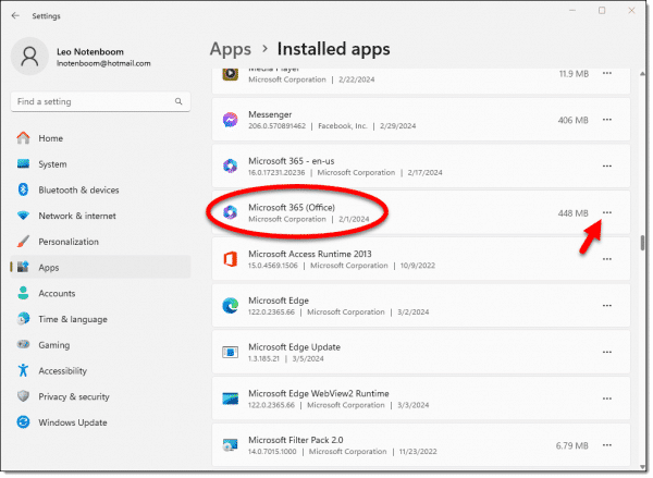 Microsoft Office in Installed Apps.