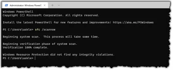 A successful run of the System File Checker.