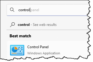 Control Panel in Start menu search.