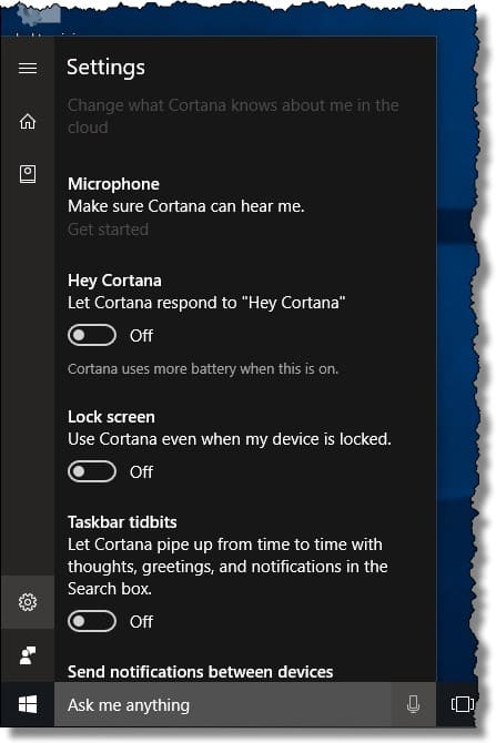 Cortana Settings