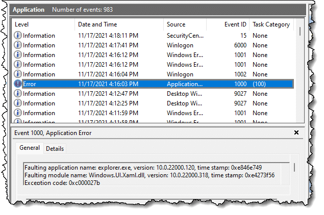 An error event in Windows Event Viewer