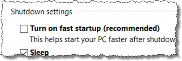 Turn on fast startup checkbox