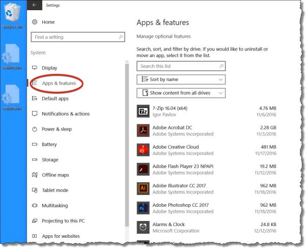 Windows 10 Settings - Apps & Features