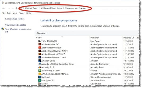 Control Panel - Programs and Features