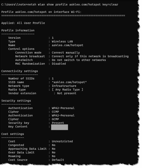 The wireless password used for a specific network.