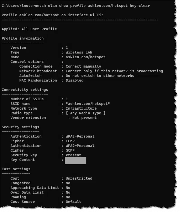 The wireless password used for a specific network.