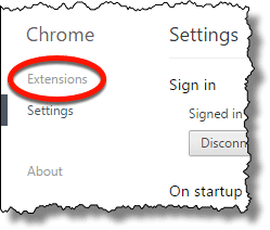 Extensions link in Chrome settings