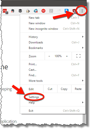 Settings link on Chrome menu