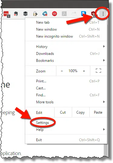 Settings link on Chrome menu