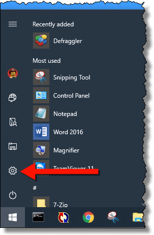 Start Menu, Gear icon