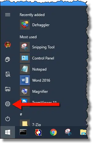Start Menu, Gear icon