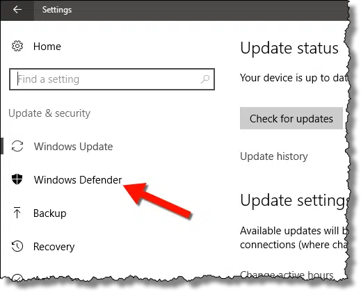 Windows Defender link in settings