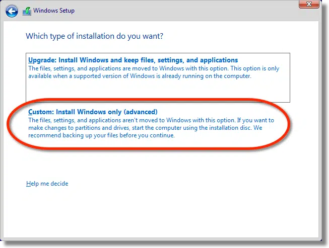 Windows Setup - Type of installation