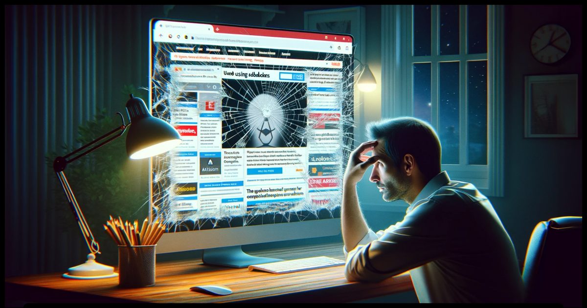 A photorealistic and thought-provoking thumbnail for a blog post discussing the dilemma of using adblockers. The image features a computer screen displaying a website full of intrusive and overwhelming ads, making it difficult to see the actual content. The screen is cracked symbolizing the broken state of internet advertising. In the foreground, a person (Caucasian male) looks frustrated and concerned, with a hand on his forehead, pondering the impact of adblockers on websites' survival. The person is in a home office environment, reflecting the common internet user's perspective. The ambiance is slightly dim, highlighting the serious tone of the topic. This image should visually capture the tension between the necessity of ads for website survival and the negative user experience they often create.