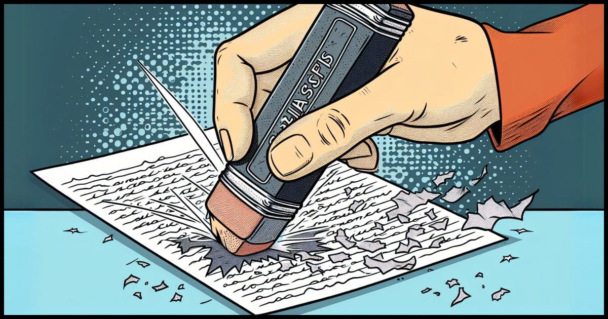 a comic book style image of a pencil eraser incompletely erasing some handwritten text on notebook paper