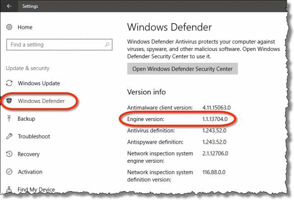Windows Defender Engine Version