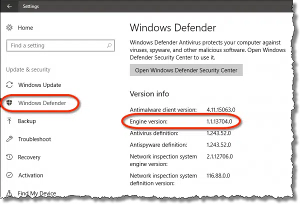 Windows Defender Engine Version