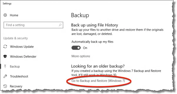 Windows 10 Settings - Backup