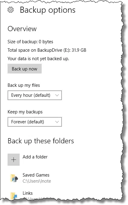 File History: Backup options