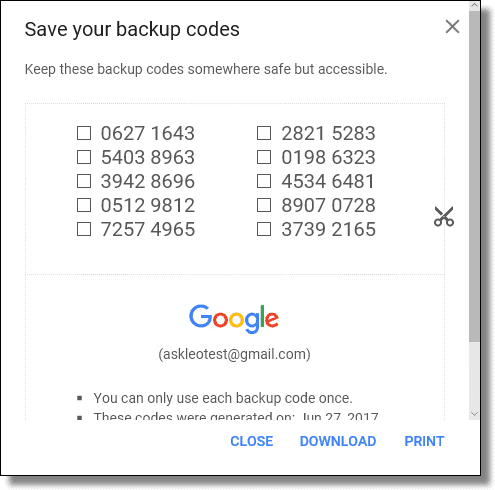Google - backup codes