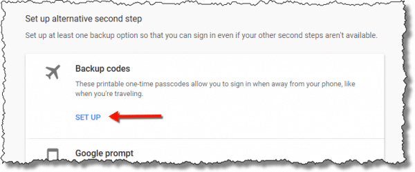 Google - set up alternative backup codes