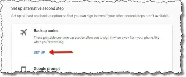 Google - set up alternative backup codes
