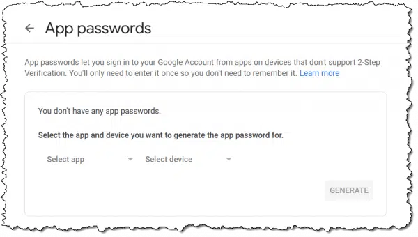 Google app passwords.