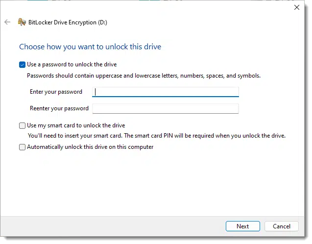 BitLocker Settings to Encrypt a Drive