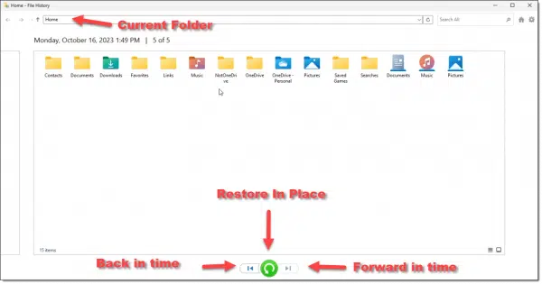 File History restore interface.