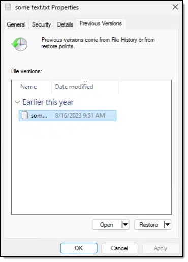 Previous Versions dialog.