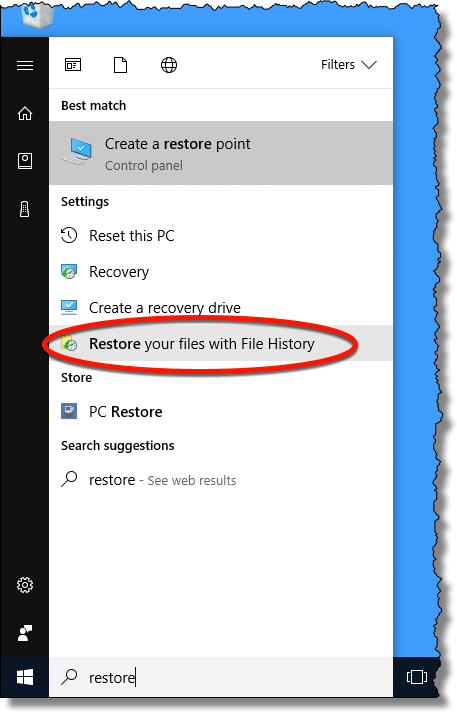 File History on the Start menu