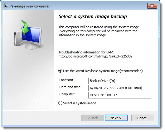 Select a system image backup