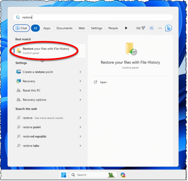 File history restore on the Start menu.