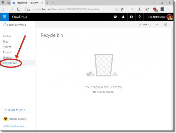 disable second stage recycle bin onedrive
