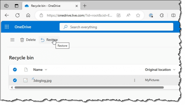 Restoring a file in OneDrive online.