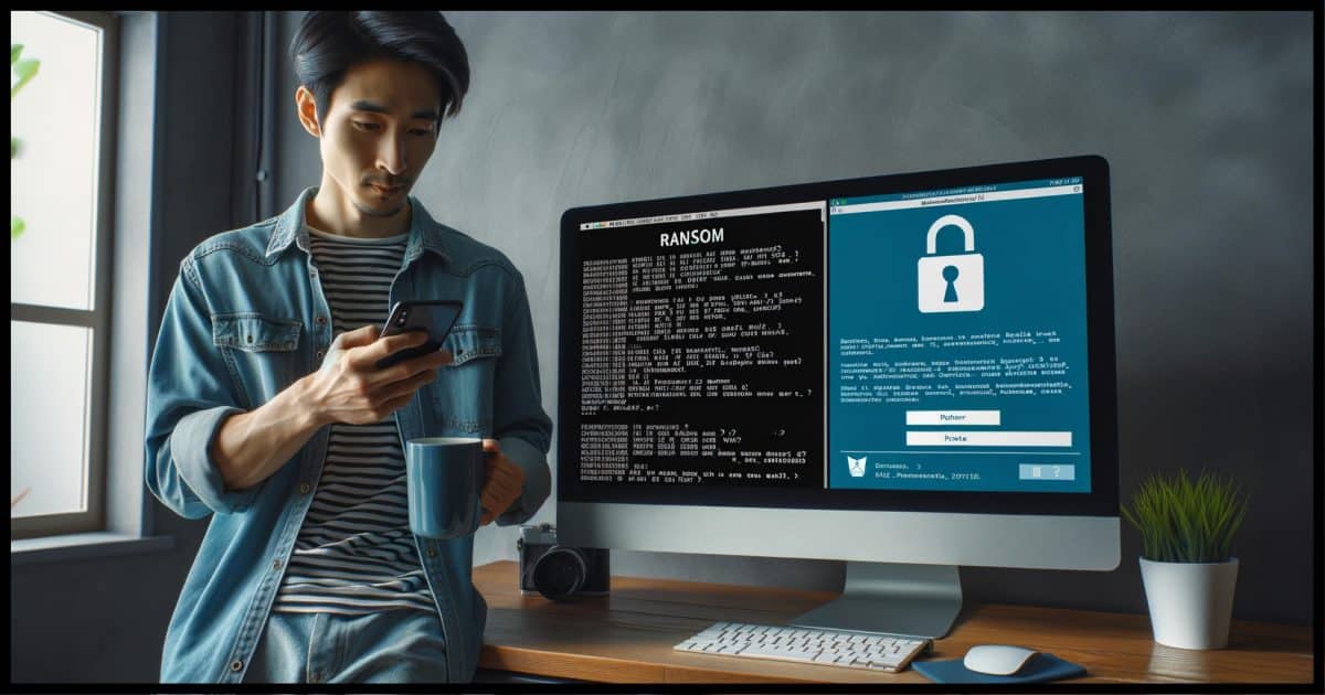 Photo of a desktop computer monitor with a ransom note displayed, demanding payment in cryptocurrency. Nearby, a man of Asian descent in casual attire is calmly checking his OneDrive on a smartphone, unperturbed by the ransomware threat.