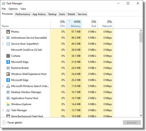 Task Manager sorted by Memory