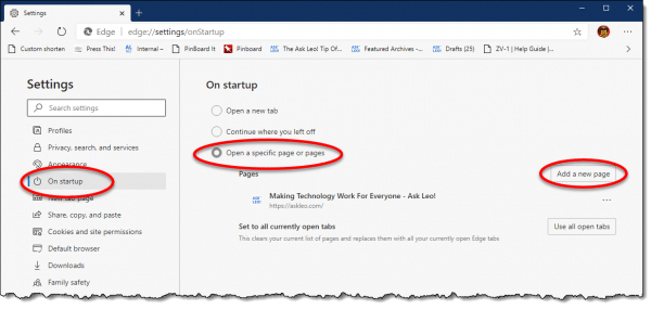 Edge "On startup" settings