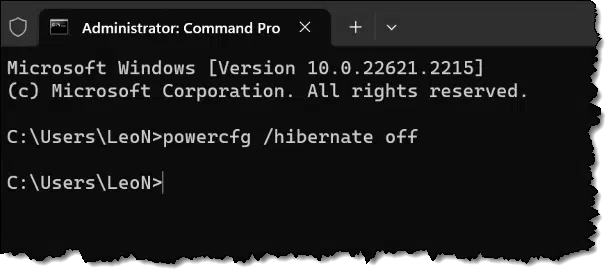 Turning off Hibernate via Command Prompt.