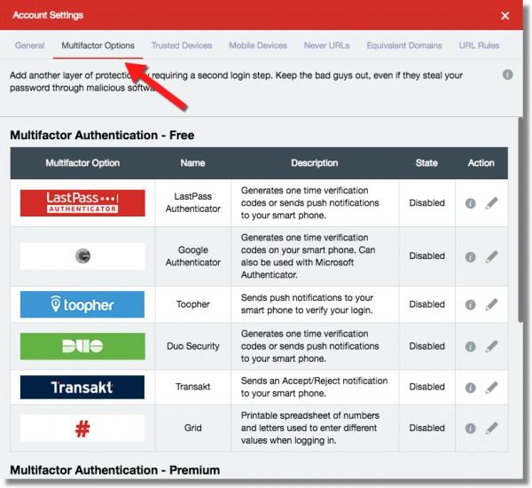 LastPass Multifactor Options