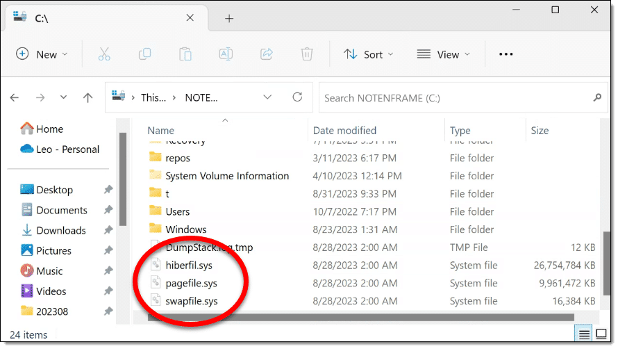 hiberfile.sys, pagefile.sys, swapfile.sys in Windows File Explorer