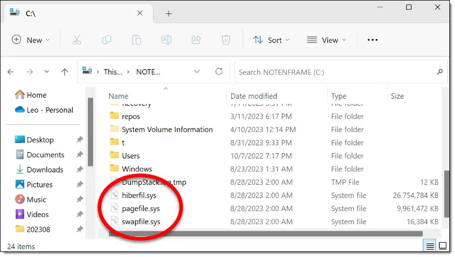 hiberfile.sys, pagefile.sys, swapfile.sys in Windows File Explorer