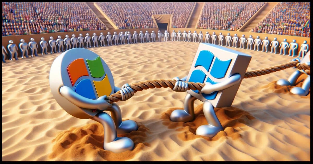 Photo-realistic depiction of a sandy arena where a tug-of-war contest is underway. A generic software icon, rendered in 3D, is on one side, gripping the rope firmly. On the other end, another 3D software icon is pulling with determination. The rope they are tugging on has a clear label reading 'PC Performance'. The surrounding scene is filled with spectators made up of various other software icons, watching the intense battle for PC Performance.