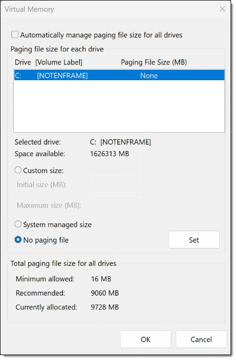 Virtual Memory Settings