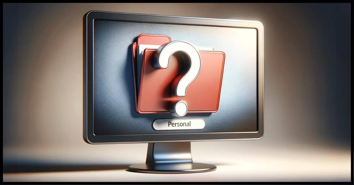 Photorealistic image showing a close-up of a computer monitor. On the screen, there's a detailed icon of a folder with the label 'Personal' written below it. A large, bold red question mark overlays the folder, creating an aura of uncertainty or concern. The background of the screen is a soft gradient of gray, giving emphasis to the folder and the question mark.