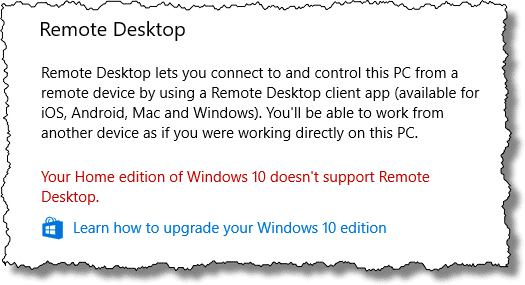 שולחן עבודה מרוחק ב- Windows 10 Home