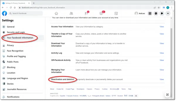 Facebook Disable and Delete options.