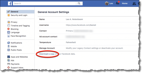 Download a copy of your Facebook information