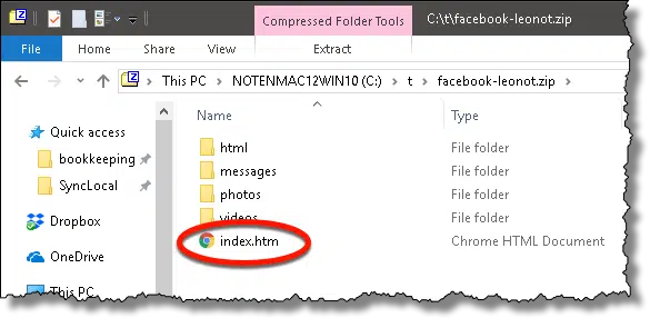Facebook zip file contents