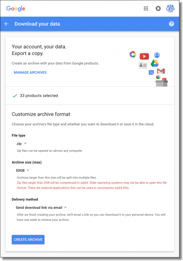 Google Create Archive